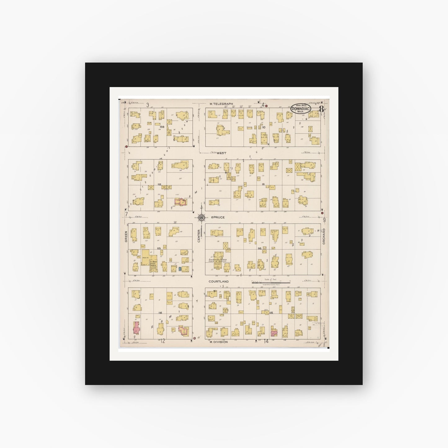 Old map wall art mockup — black gallery frame with white mat — Sanborn Fire Insurance Map from Dowagiac, Cass County, Michigan (1922), Sheet #0008