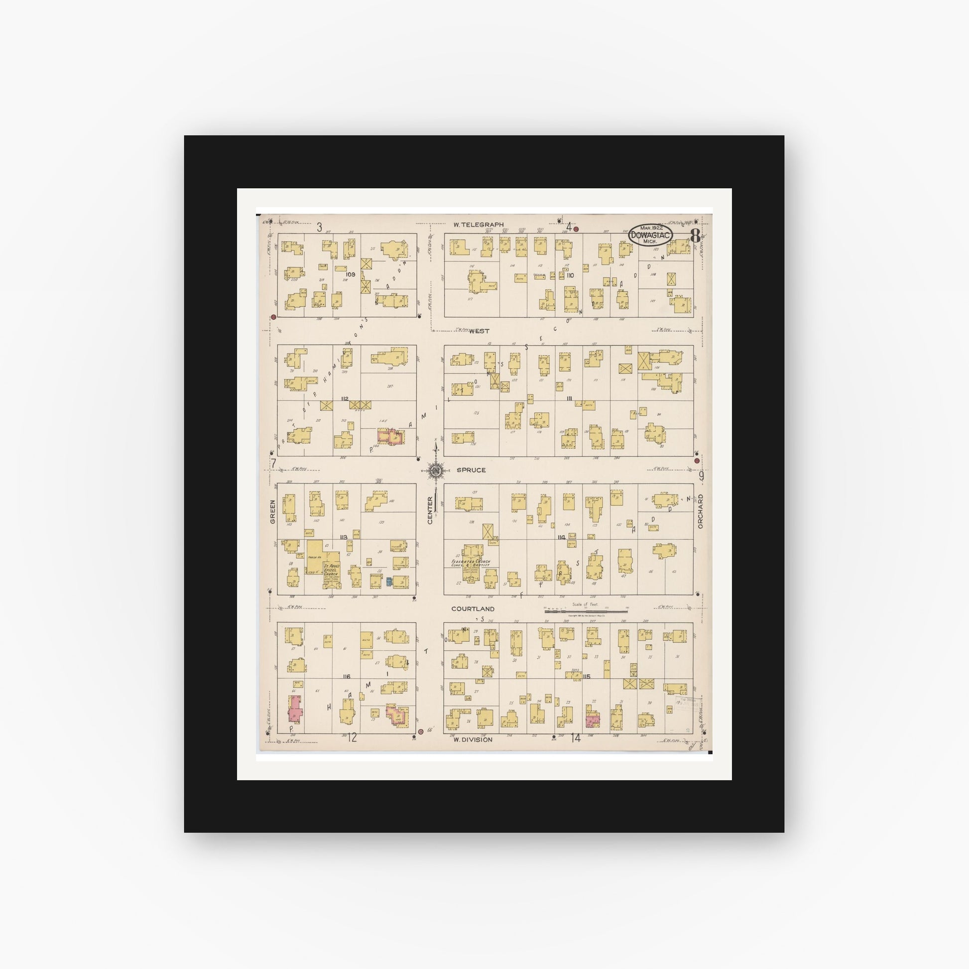Old map wall art mockup — black gallery frame with white mat — Sanborn Fire Insurance Map from Dowagiac, Cass County, Michigan (1922), Sheet #0008