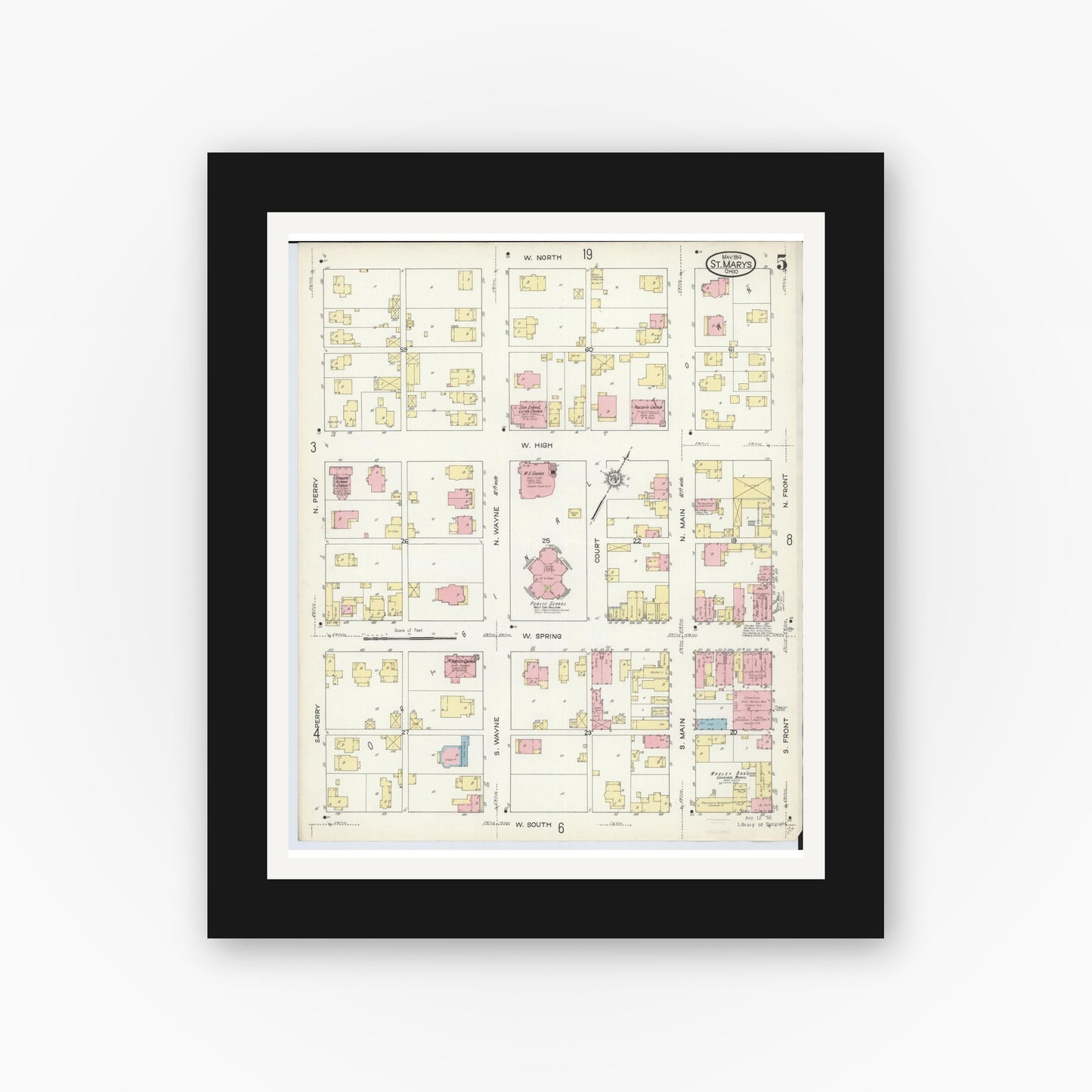 Old map wall art mockup — black gallery frame with white mat — Sanborn Fire Insurance Map from Saint Marys, Auglaize County, Ohio (1914), Sheet #0005