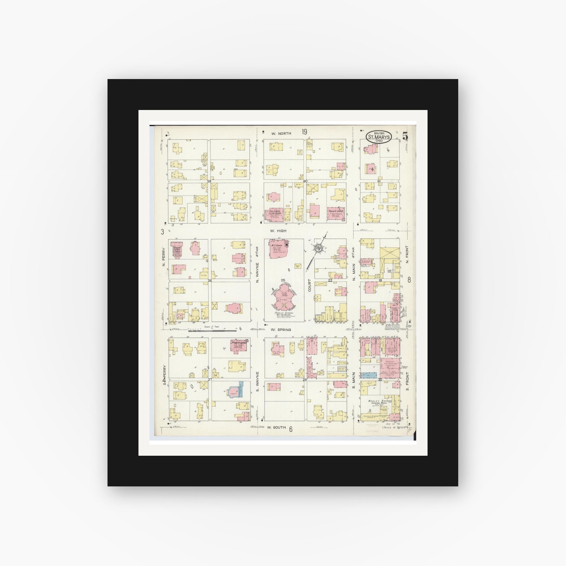 Old map wall art mockup — black gallery frame with white mat — Sanborn Fire Insurance Map from Saint Marys, Auglaize County, Ohio (1914), Sheet #0005