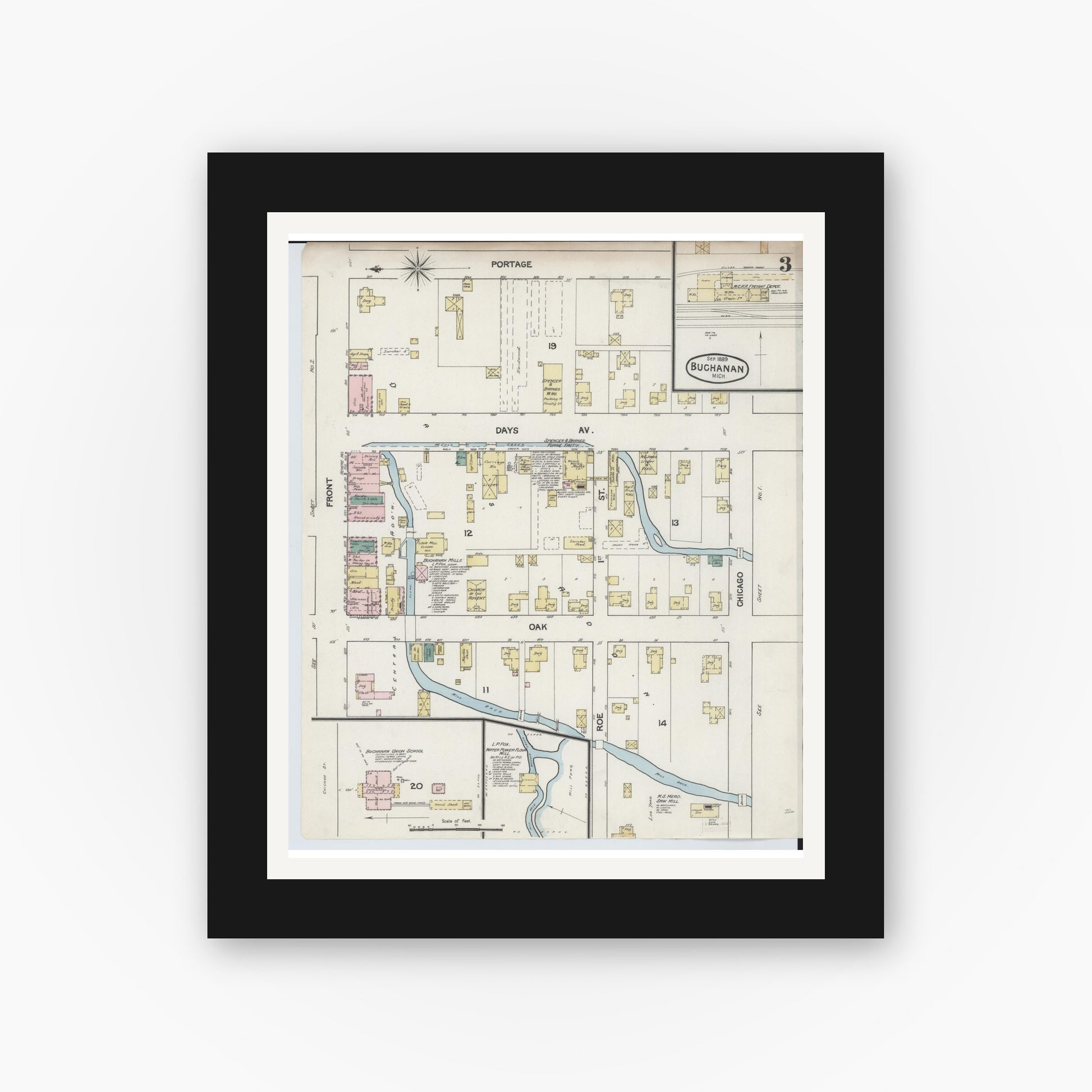 Old map wall art mockup — black gallery frame with white mat — Sanborn Fire Insurance Map from Buchanan, Berrien County, Michigan (1889), Sheet #0003