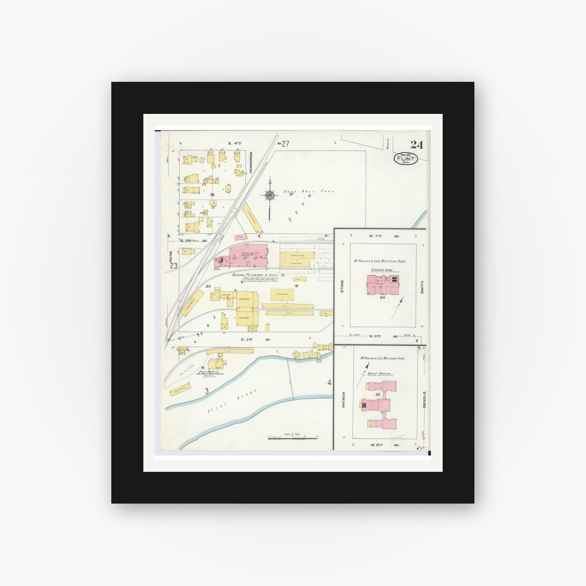 Old map wall art mockup — black gallery frame with white mat — Sanborn Fire Insurance Map from Flint, Genesee County, Michigan (1909), Sheet #0024