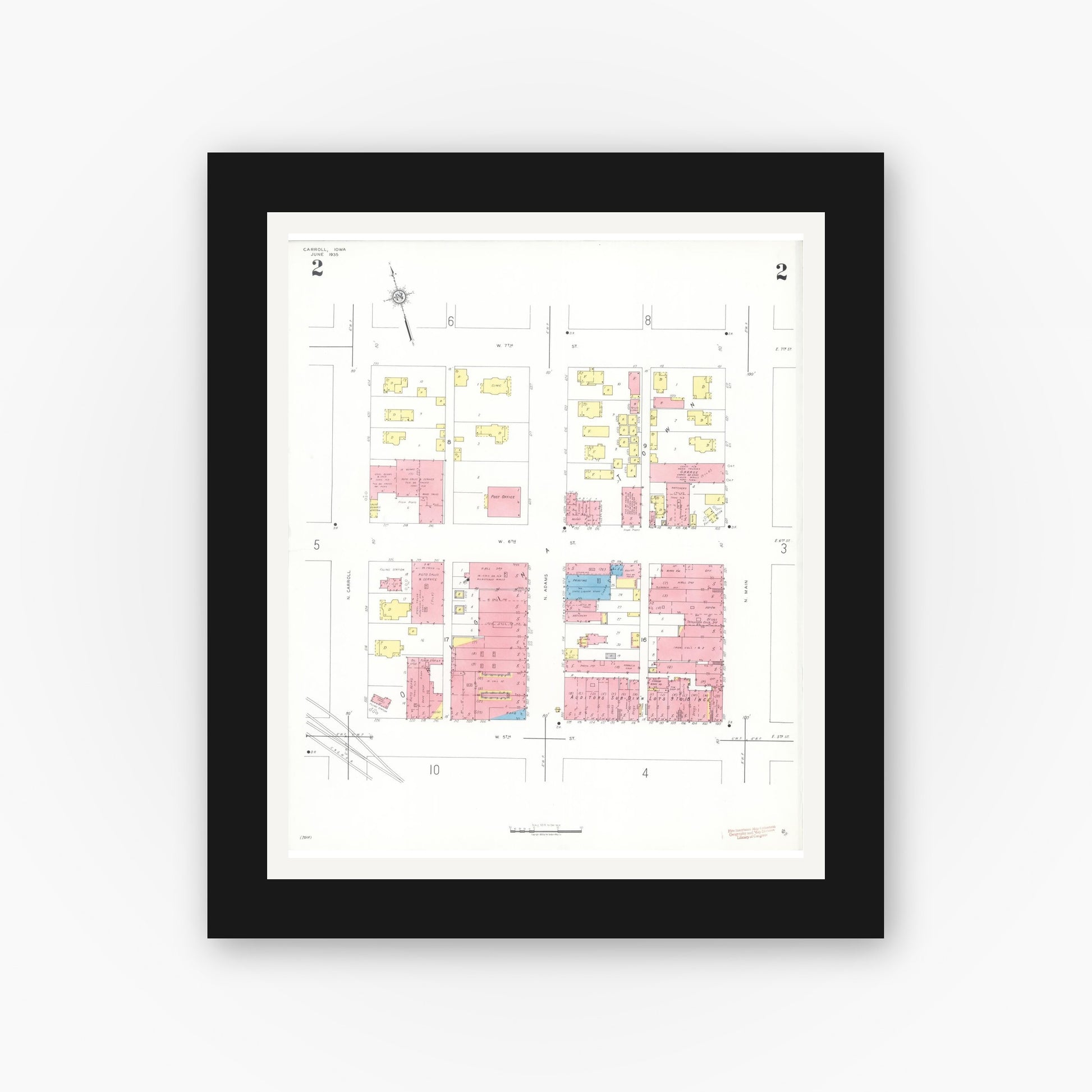 Old map wall art mockup — black gallery frame with white mat — Sanborn Fire Insurance Map from Carroll, Carroll County, Iowa (1935), Sheet #0002