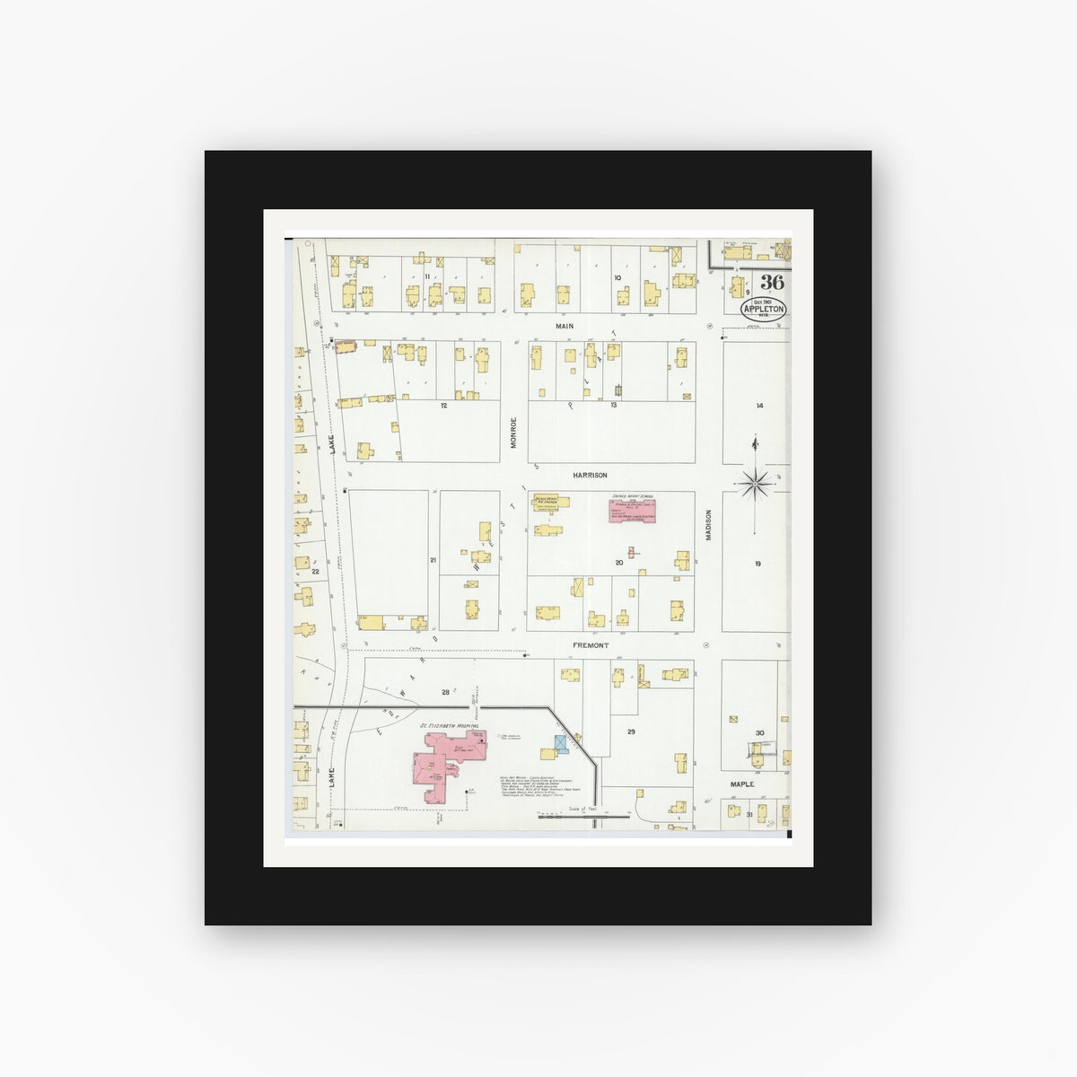 Old map wall art mockup — black gallery frame with white mat — Sanborn Fire Insurance Map from Appleton, Outagamie County, Wisconsin (1901), Sheet #0036