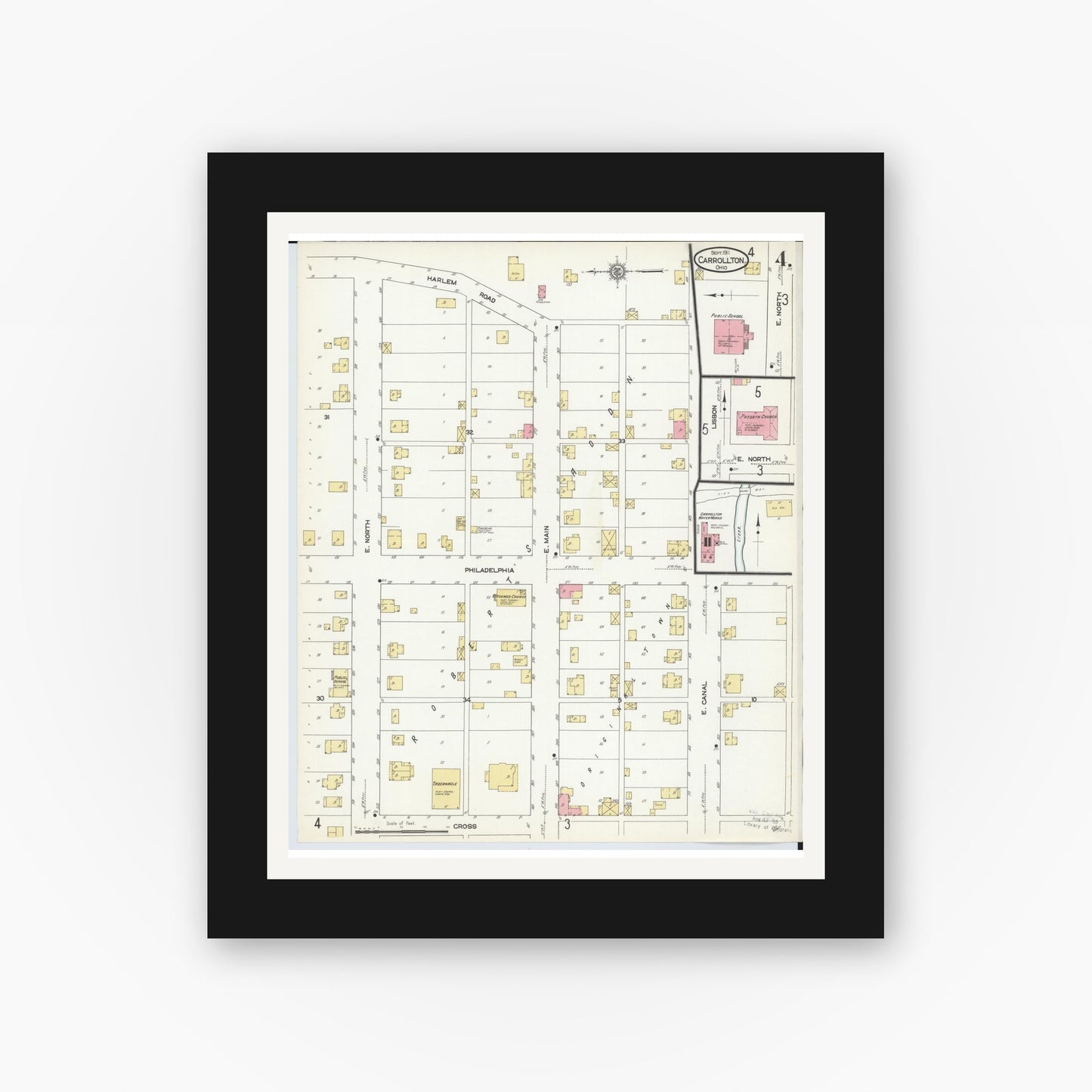 Old map wall art mockup — black gallery frame with white mat — Sanborn Fire Insurance Map from Carrollton, Carroll County, Ohio (1911), Sheet #0004