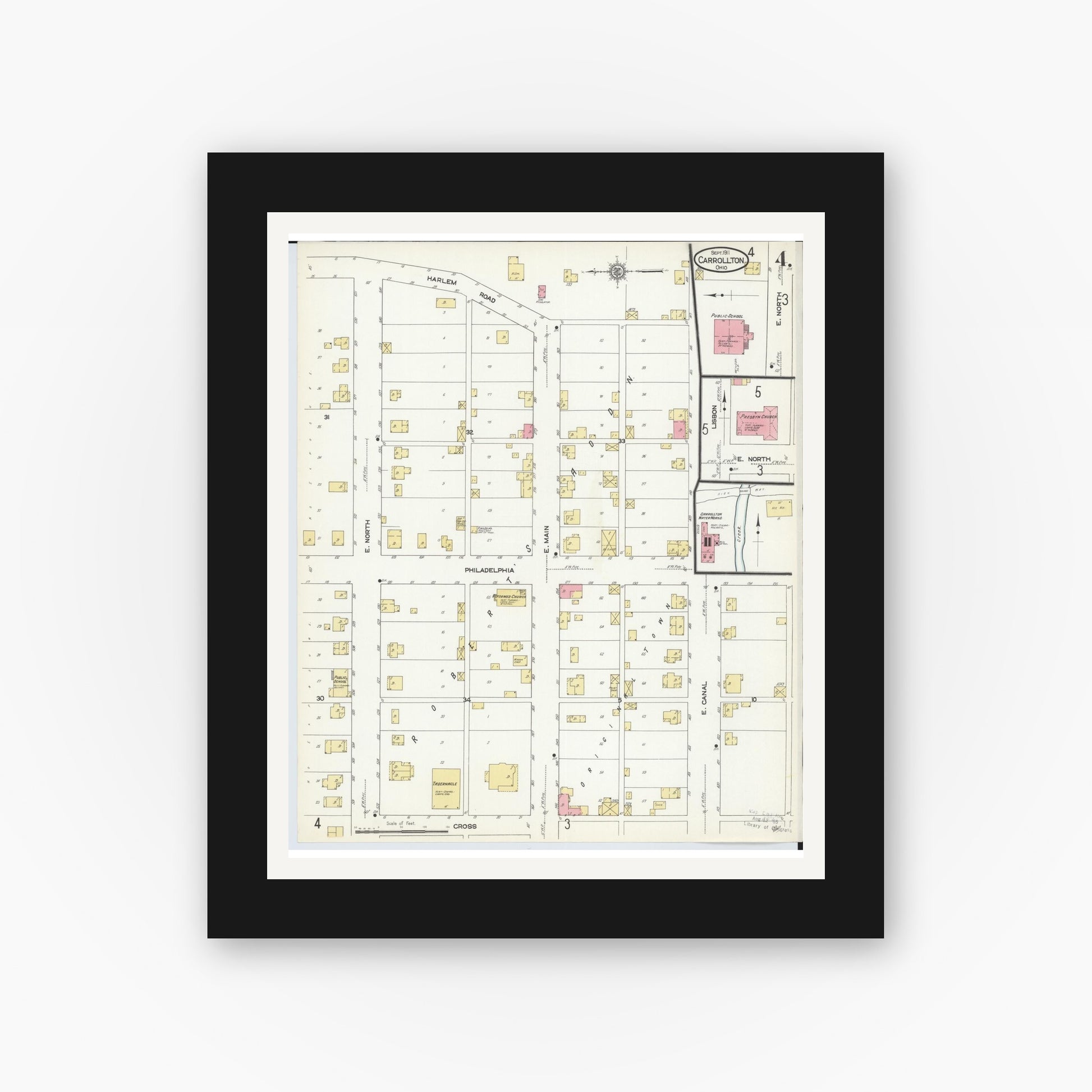 Old map wall art mockup — black gallery frame with white mat — Sanborn Fire Insurance Map from Carrollton, Carroll County, Ohio (1911), Sheet #0004