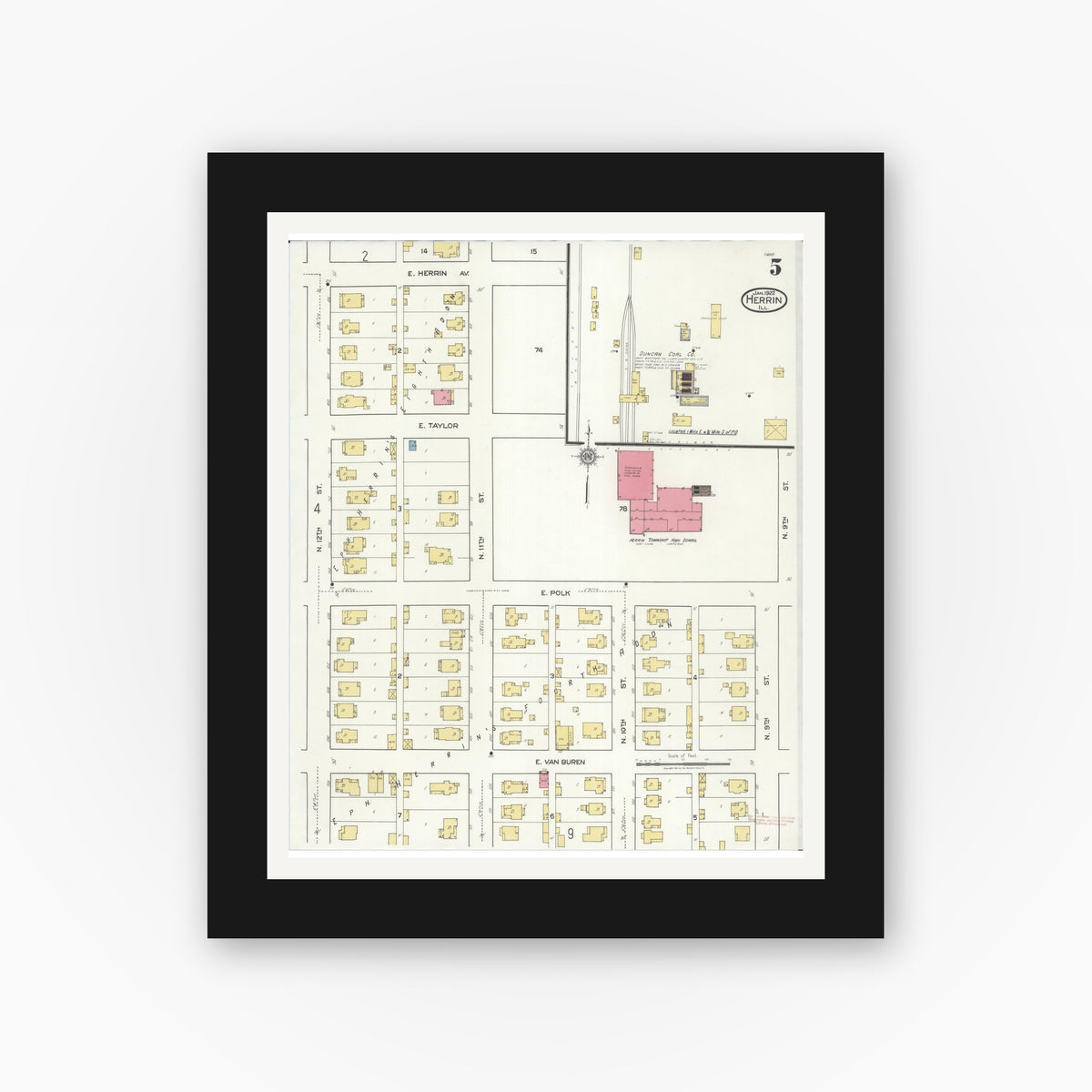 Old map wall art mockup — black gallery frame with white mat — Sanborn Fire Insurance Map from Herrin, Williamson County, Illinois (1922), Sheet #0005