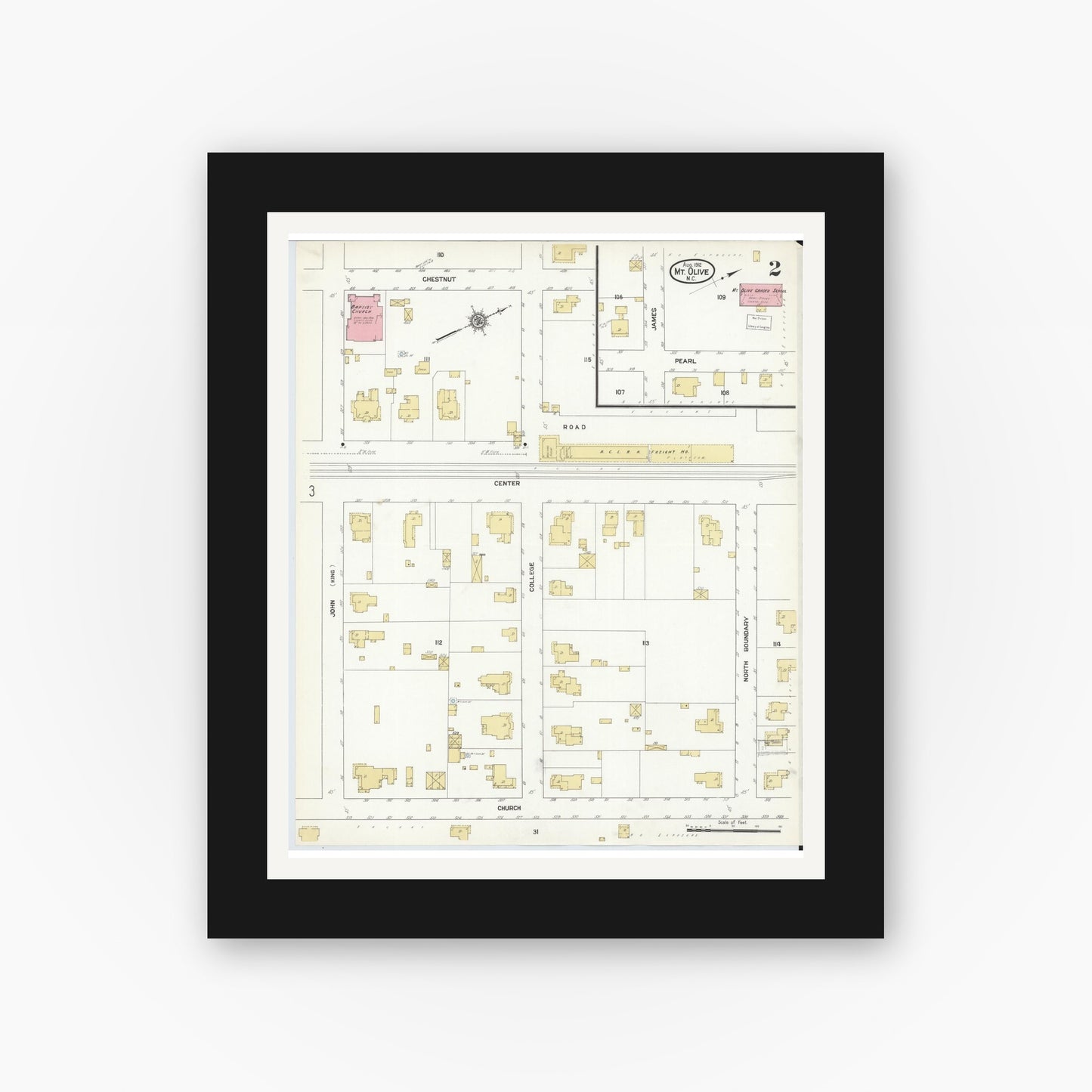 Old map wall art mockup — black gallery frame with white mat — Sanborn Fire Insurance Map from Mount Olive, Wayne County, North Carolina (1912), Sheet #0002
