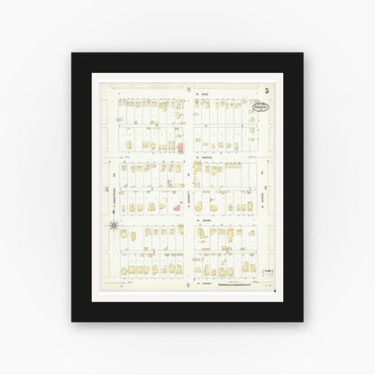 Old map wall art mockup — black gallery frame with white mat — Sanborn Fire Insurance Map from Denison, Grayson County, Texas (1908), Sheet #0005