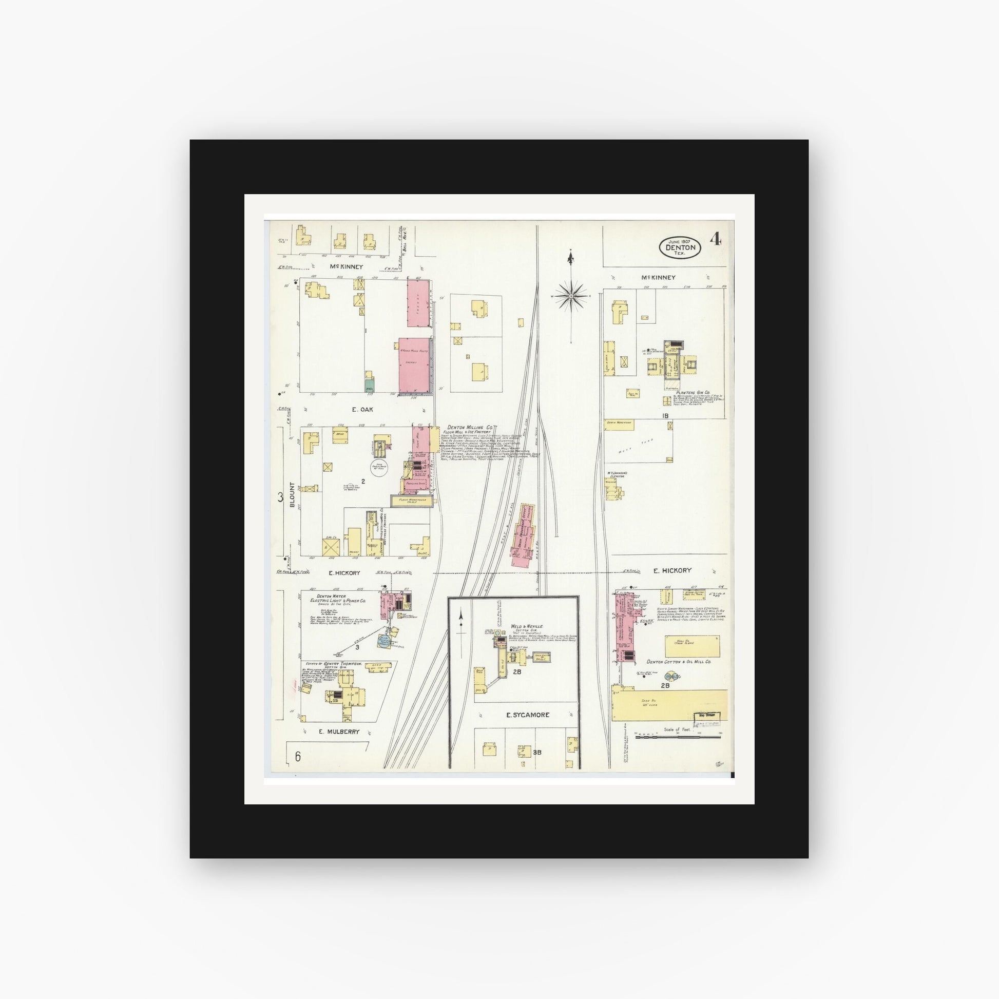 Old map wall art mockup — black gallery frame with white mat — Sanborn Fire Insurance Map from Denton, Denton County, Texas (1907), Sheet #0004