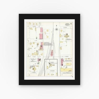 Old map wall art mockup — black gallery frame with white mat — Sanborn Fire Insurance Map from Denton, Denton County, Texas (1907), Sheet #0004