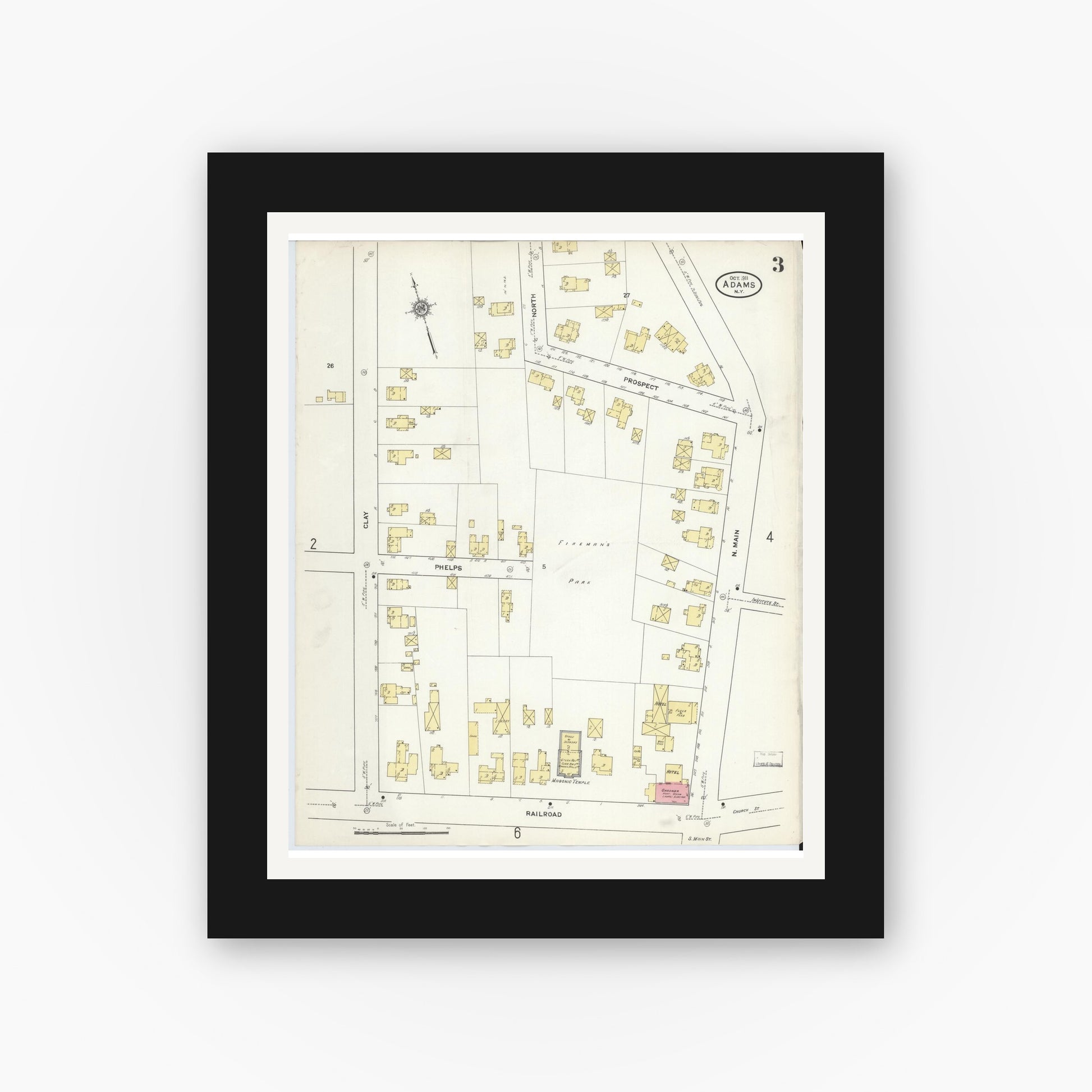 Old map wall art mockup — black gallery frame with white mat — Sanborn Fire Insurance Map from Adams, Jefferson County, New York (1911), Sheet #0003