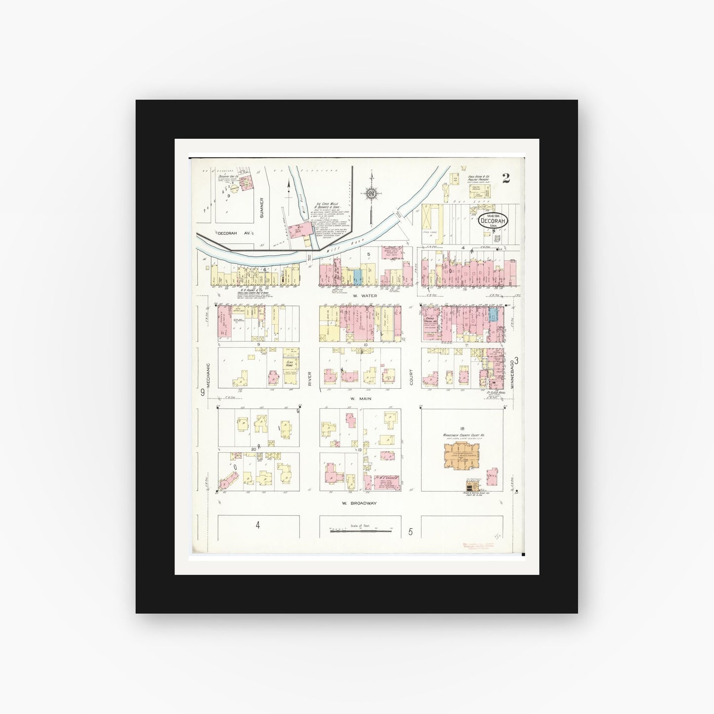 Old map wall art mockup — black gallery frame with white mat — Sanborn Fire Insurance Map from Decorah, Winneshiek County, Iowa (1914), Sheet #0002