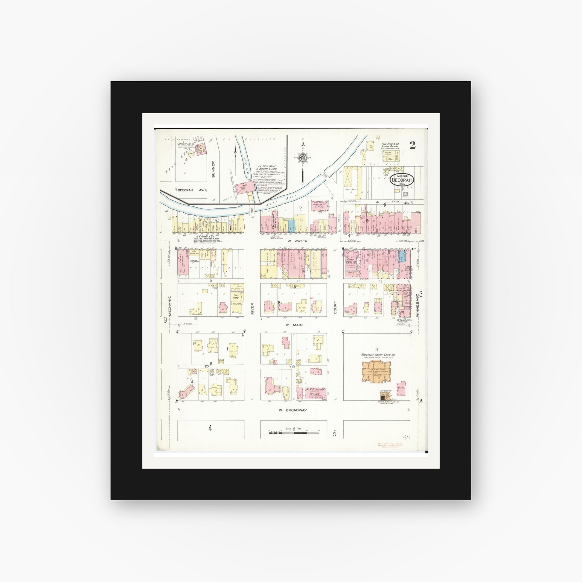 Old map wall art mockup — black gallery frame with white mat — Sanborn Fire Insurance Map from Decorah, Winneshiek County, Iowa (1914), Sheet #0002