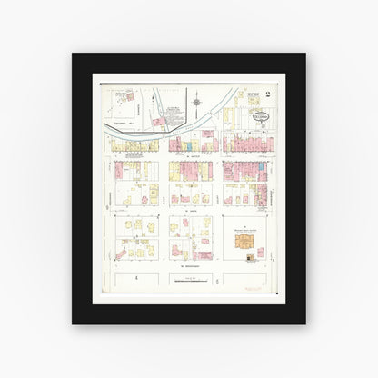Old map wall art mockup — black gallery frame with white mat — Sanborn Fire Insurance Map from Decorah, Winneshiek County, Iowa (1914), Sheet #0002