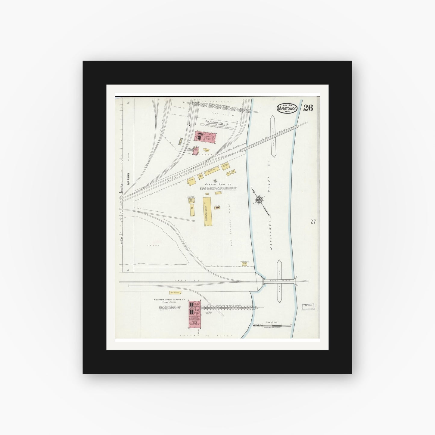 Old map wall art mockup — black gallery frame with white mat — Sanborn Fire Insurance Map from Manitowoc, Manitowoc County, Wisconsin (1919), Sheet #0026