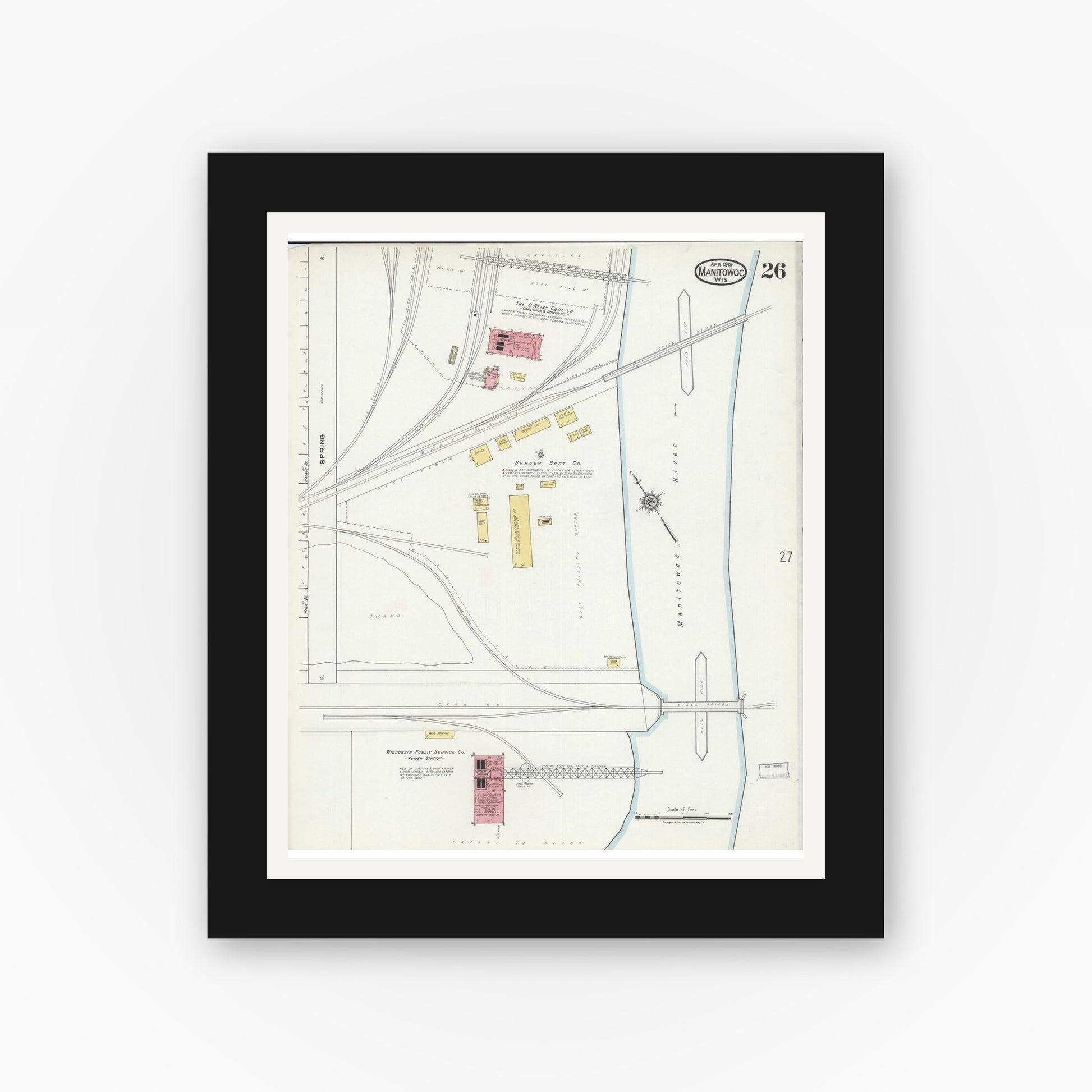 Old map wall art mockup — black gallery frame with white mat — Sanborn Fire Insurance Map from Manitowoc, Manitowoc County, Wisconsin (1919), Sheet #0026