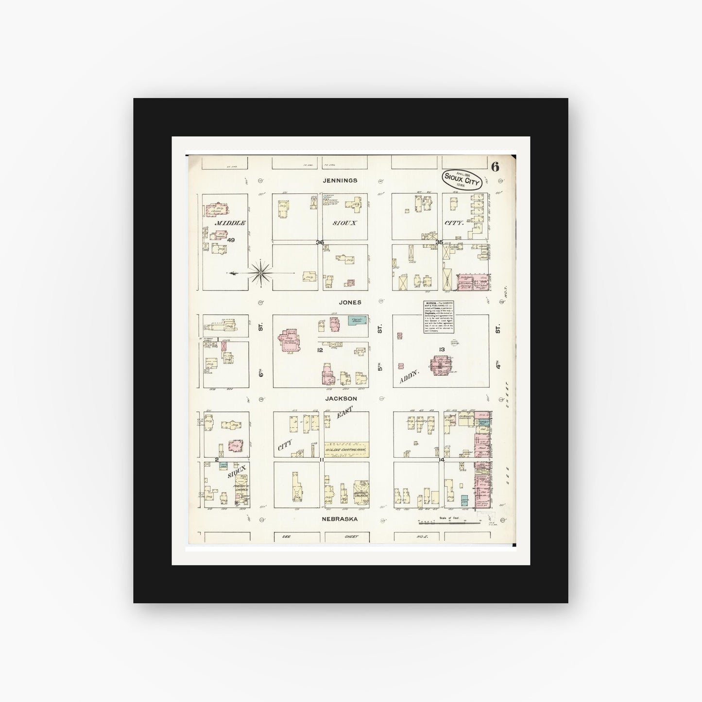 Old map wall art mockup — black gallery frame with white mat — Sanborn Fire Insurance Map from Sioux City, Woodbury County, Iowa (1884), Sheet #0006