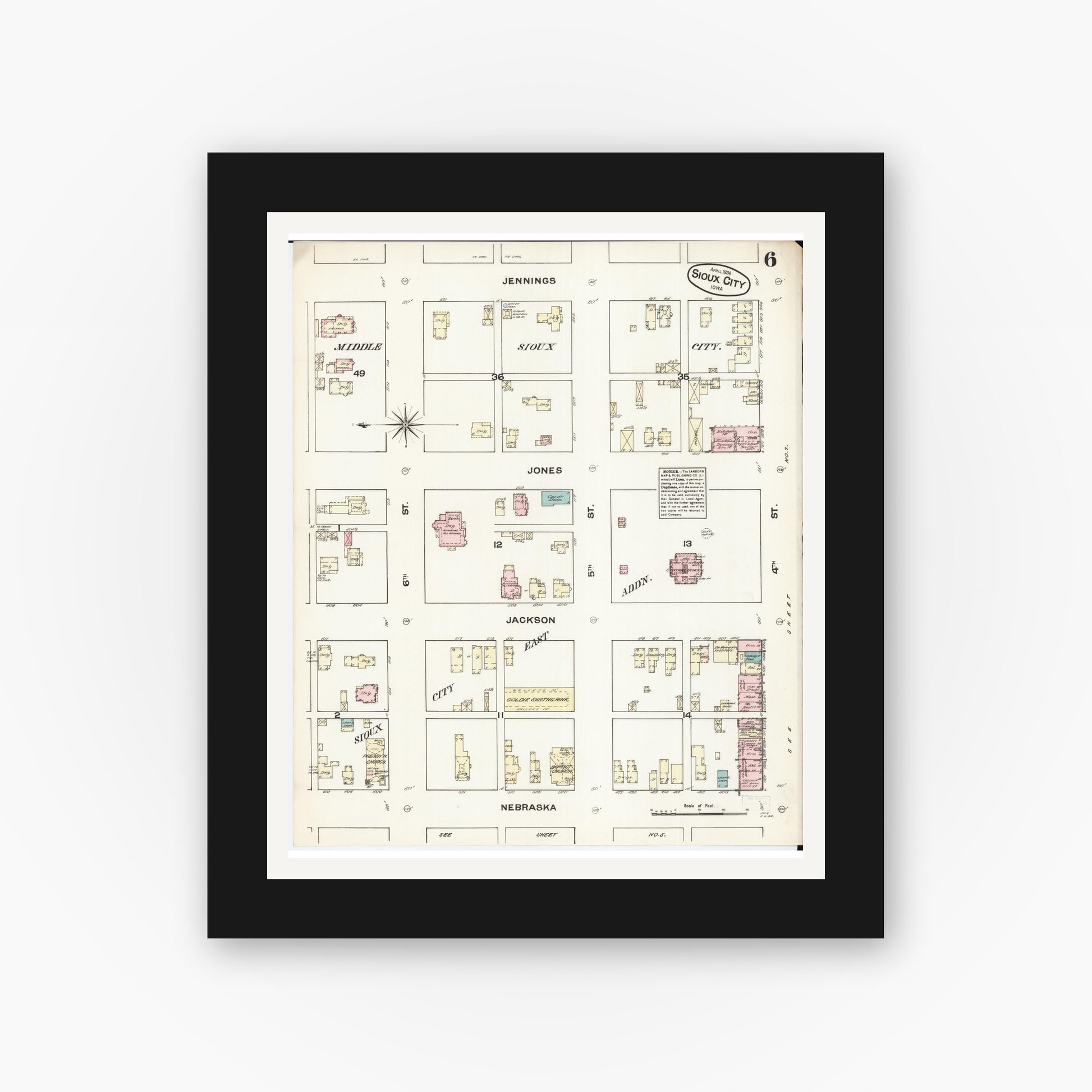 Old map wall art mockup — black gallery frame with white mat — Sanborn Fire Insurance Map from Sioux City, Woodbury County, Iowa (1884), Sheet #0006
