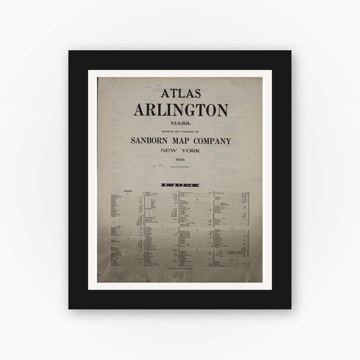 Old map wall art mockup — black gallery frame with white mat — Sanborn Fire Insurance Map from Arlington, Middlesex County, Massachusetts (1923), Sheet #0001