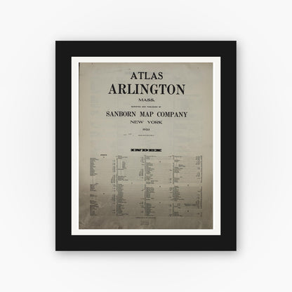 Old map wall art mockup — black gallery frame with white mat — Sanborn Fire Insurance Map from Arlington, Middlesex County, Massachusetts (1923), Sheet #0001