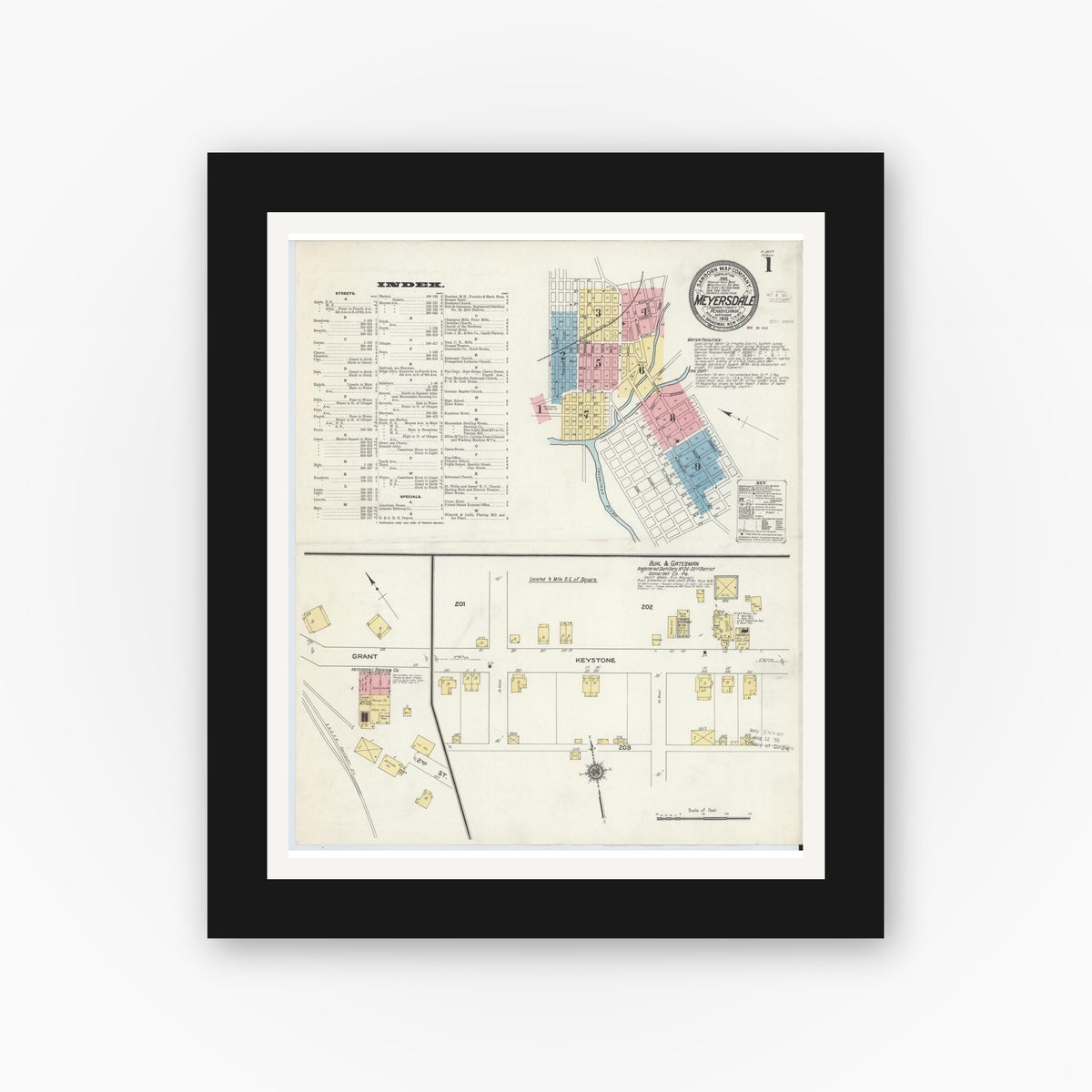Old map wall art mockup — black gallery frame with white mat — Sanborn Fire Insurance Map from Meyersdale, Somerset County, Pennsylvania (1910), Sheet #0001