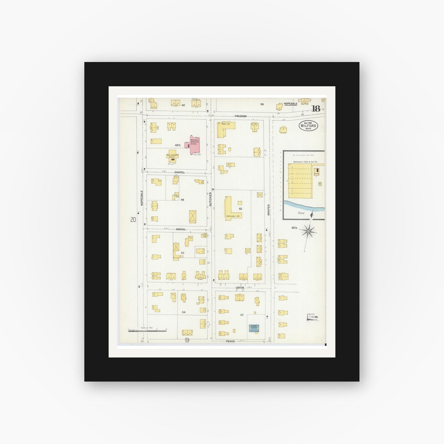 Old map wall art mockup — black gallery frame with white mat — Sanborn Fire Insurance Map from Milford, Worcester County, Massachusetts (1903), Sheet #0018