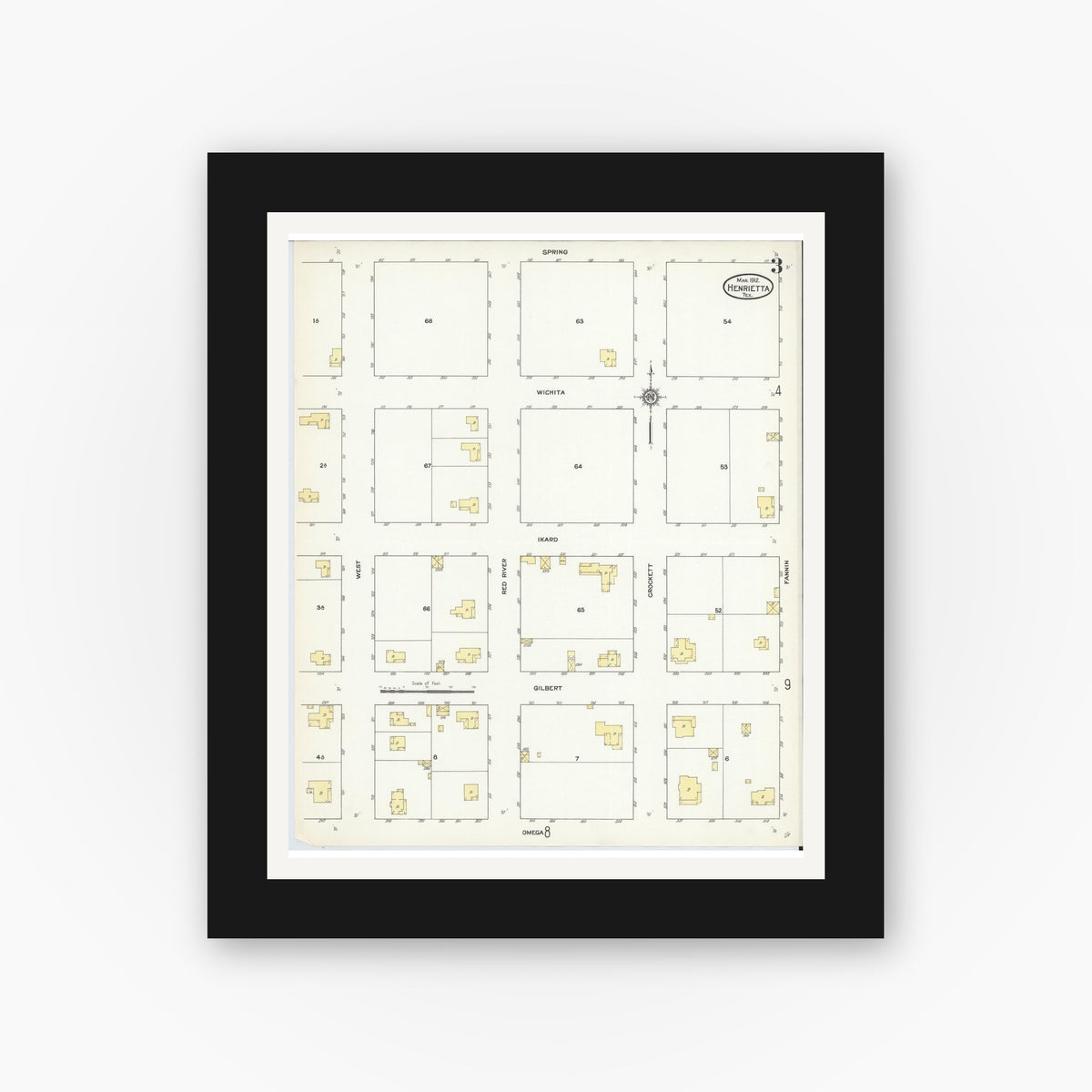 Old map wall art mockup — black gallery frame with white mat — Sanborn Fire Insurance Map from Henrietta, Clay County, Texas (1912), Sheet #0003