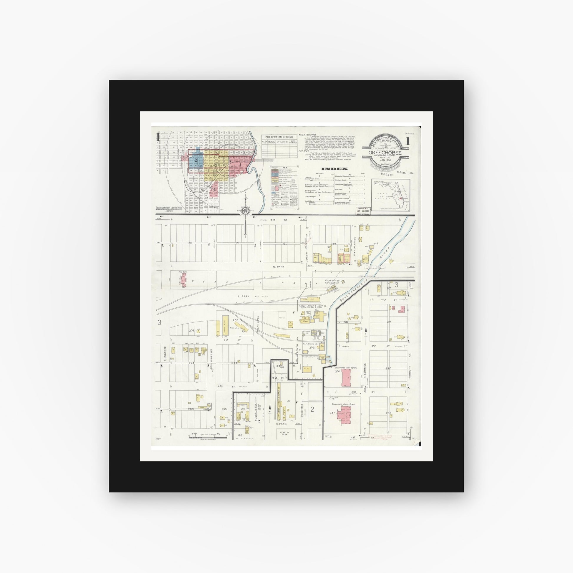 Old map wall art mockup — black gallery frame with white mat — Sanborn Fire Insurance Map from Okeechobee, Okeechobee County, Florida (1933) - Complete Map Set