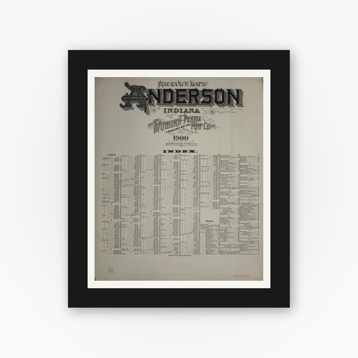 Old map wall art mockup — black gallery frame with white mat — Sanborn Fire Insurance Map from Anderson, Madison County, Indiana (1900), Sheet #0001
