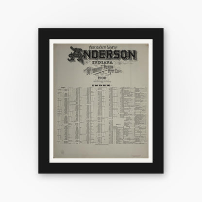Old map wall art mockup — black gallery frame with white mat — Sanborn Fire Insurance Map from Anderson, Madison County, Indiana (1900), Sheet #0001