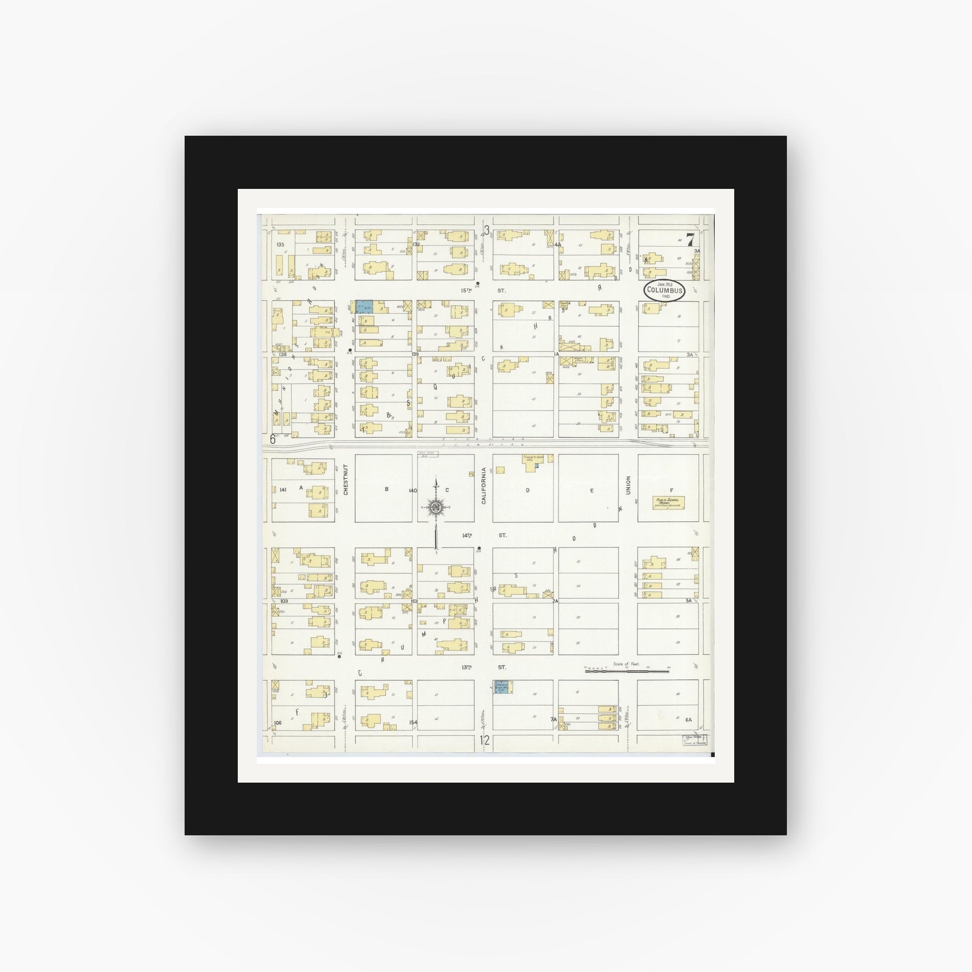 Old map wall art mockup — black gallery frame with white mat — Sanborn Fire Insurance Map from Columbus, Bartholomew County, Indiana (1912), Sheet #0007