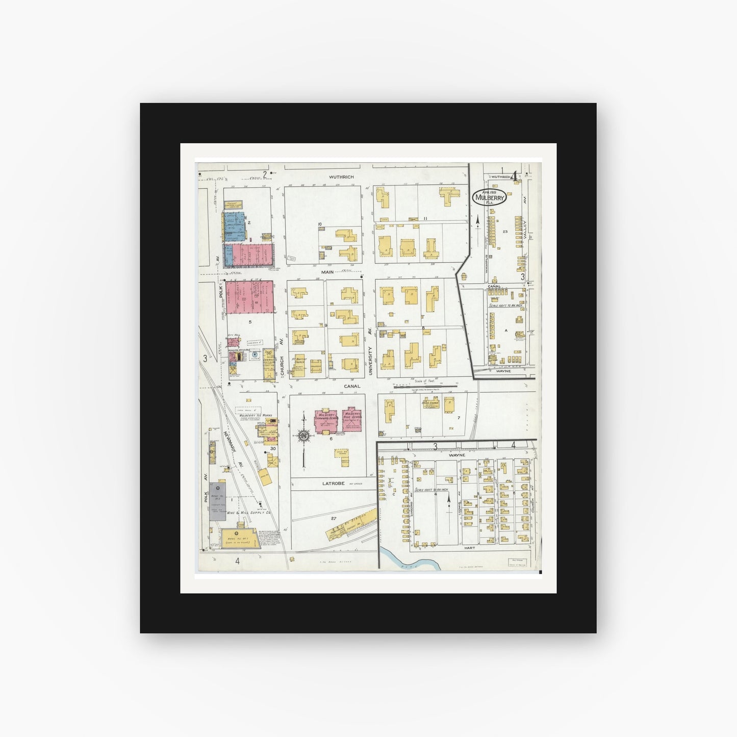 Old map wall art mockup — black gallery frame with white mat — Sanborn Fire Insurance Map from Mulberry, Polk County, Florida (1919), Sheet #0004