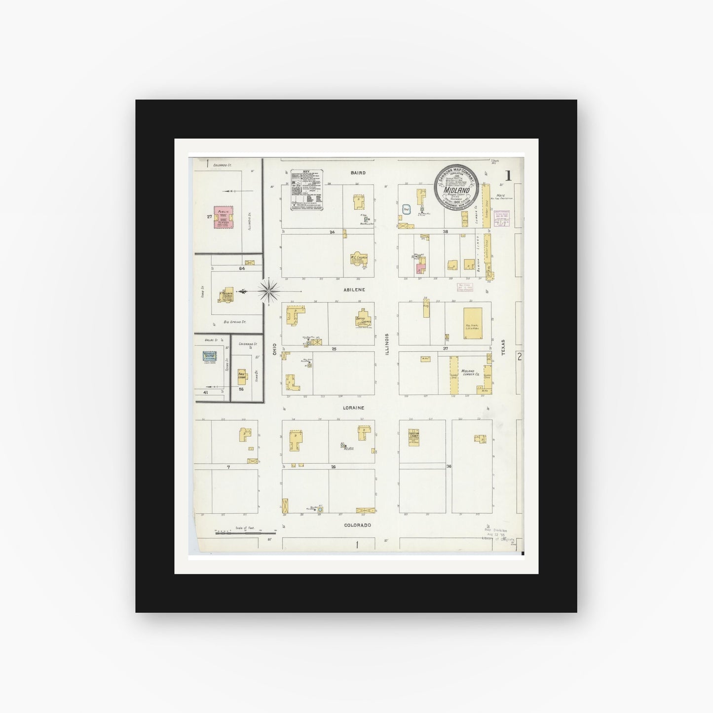 Old map wall art mockup — black gallery frame with white mat — Sanborn Fire Insurance Map from Midland, Midland County, Texas (1905), Sheet #0001