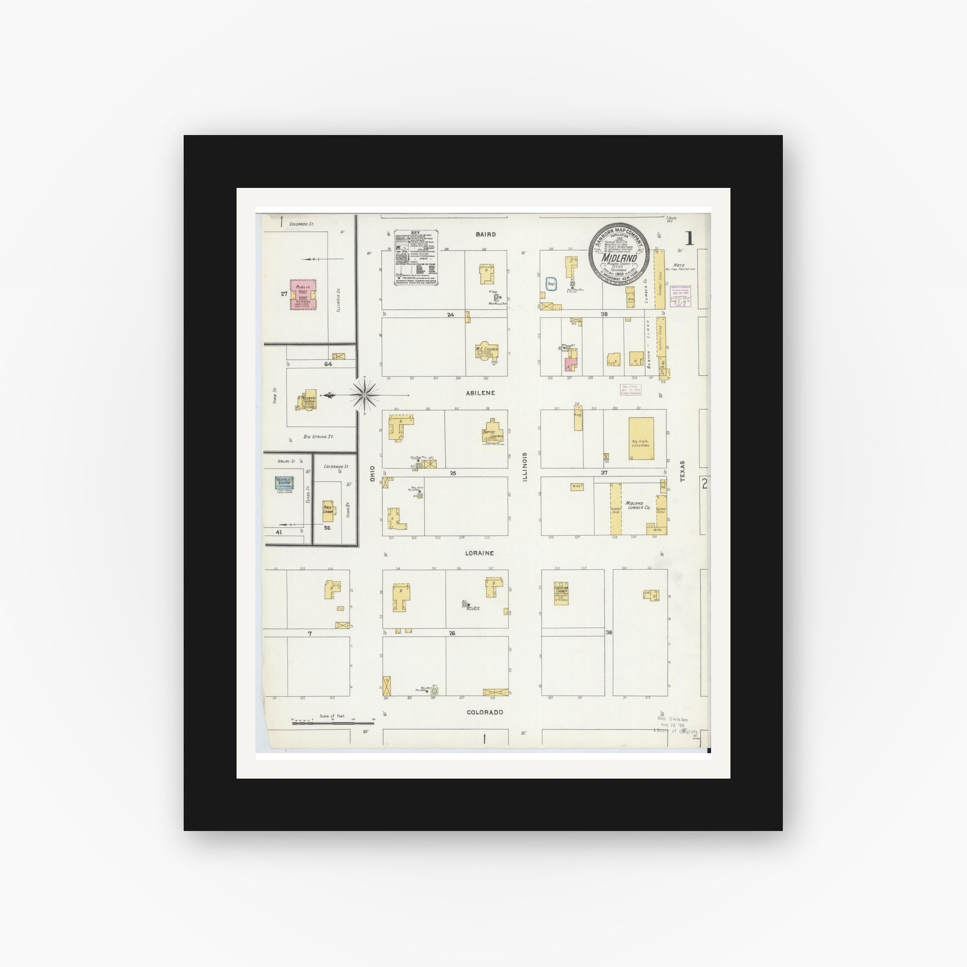 Old map wall art mockup — black gallery frame with white mat — Sanborn Fire Insurance Map from Midland, Midland County, Texas (1905), Sheet #0001