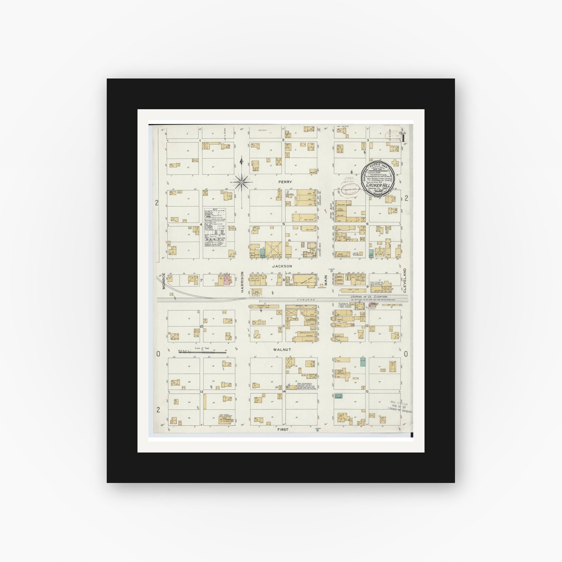 Old map wall art mockup — black gallery frame with white mat — Sanborn Fire Insurance Map from Grover Hill, Paulding County, Ohio (1899) - Complete Map Set