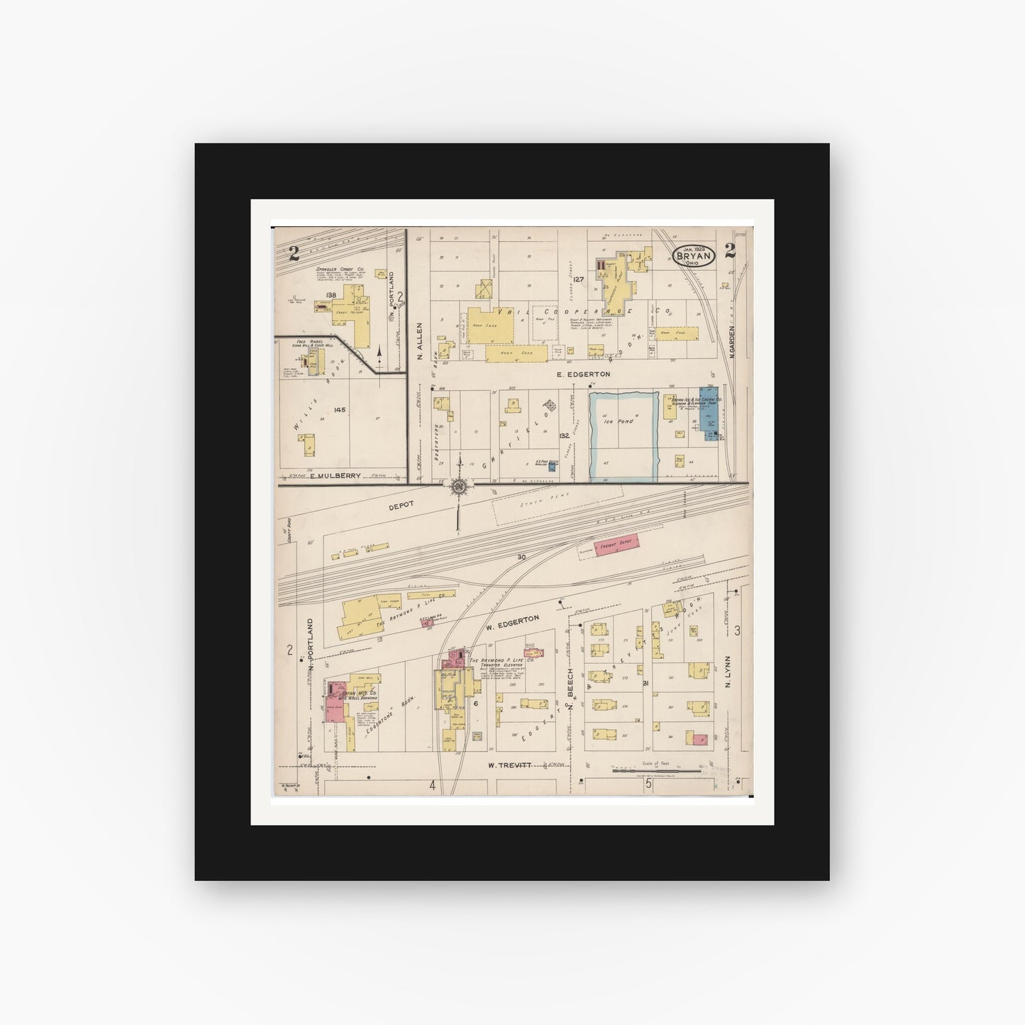 Old map wall art mockup — black gallery frame with white mat — Sanborn Fire Insurance Map from Bryan, Williams County, Ohio (1923), Sheet #0002