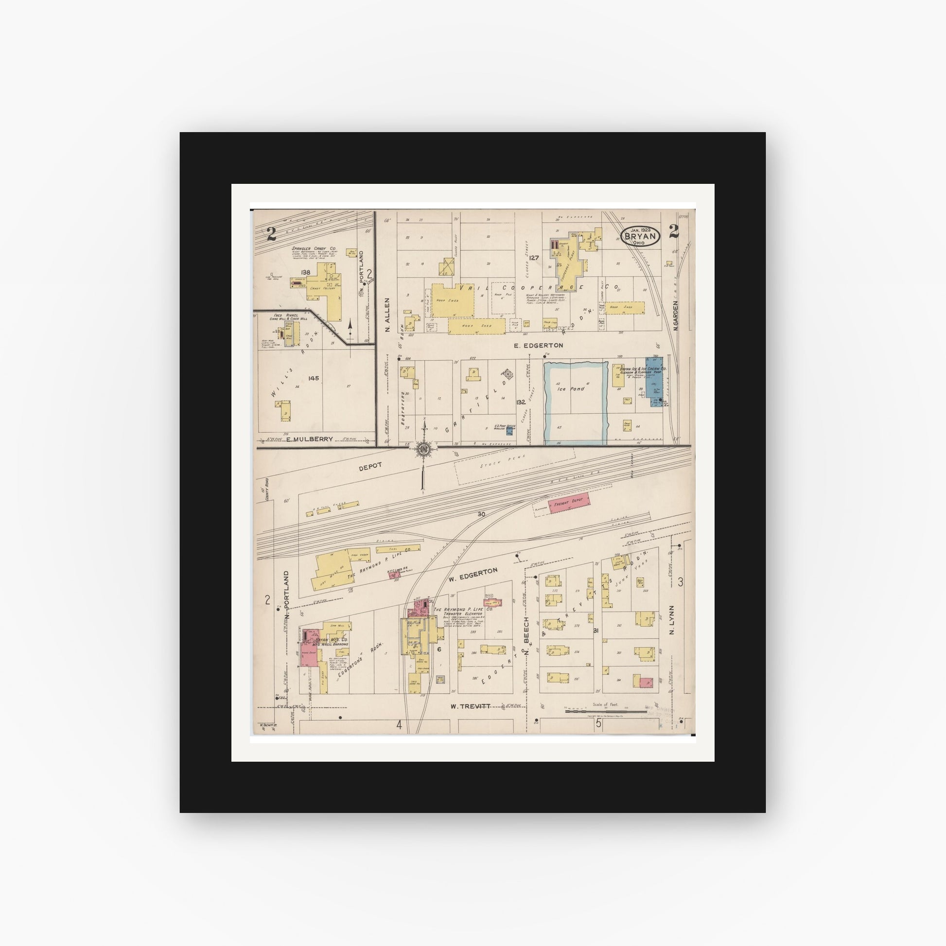 Old map wall art mockup — black gallery frame with white mat — Sanborn Fire Insurance Map from Bryan, Williams County, Ohio (1923), Sheet #0002