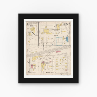 Old map wall art mockup — black gallery frame with white mat — Sanborn Fire Insurance Map from Bryan, Williams County, Ohio (1923), Sheet #0002