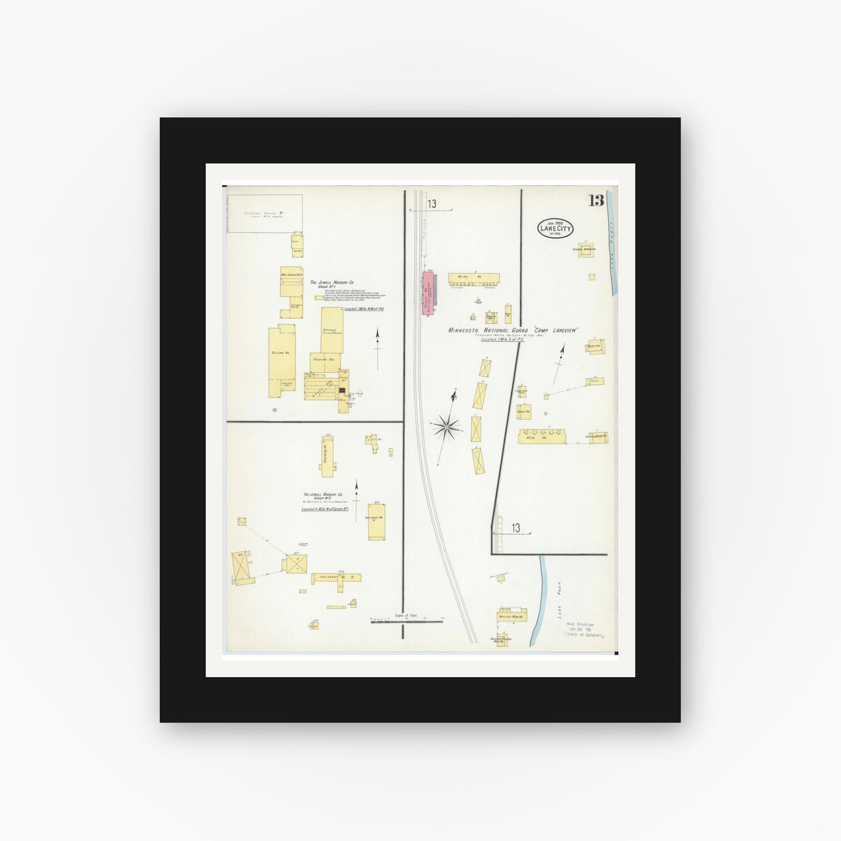 Old map wall art mockup — black gallery frame with white mat — Sanborn Fire Insurance Map from Lake City, Wabasha County, Minnesota (1909), Sheet #0013