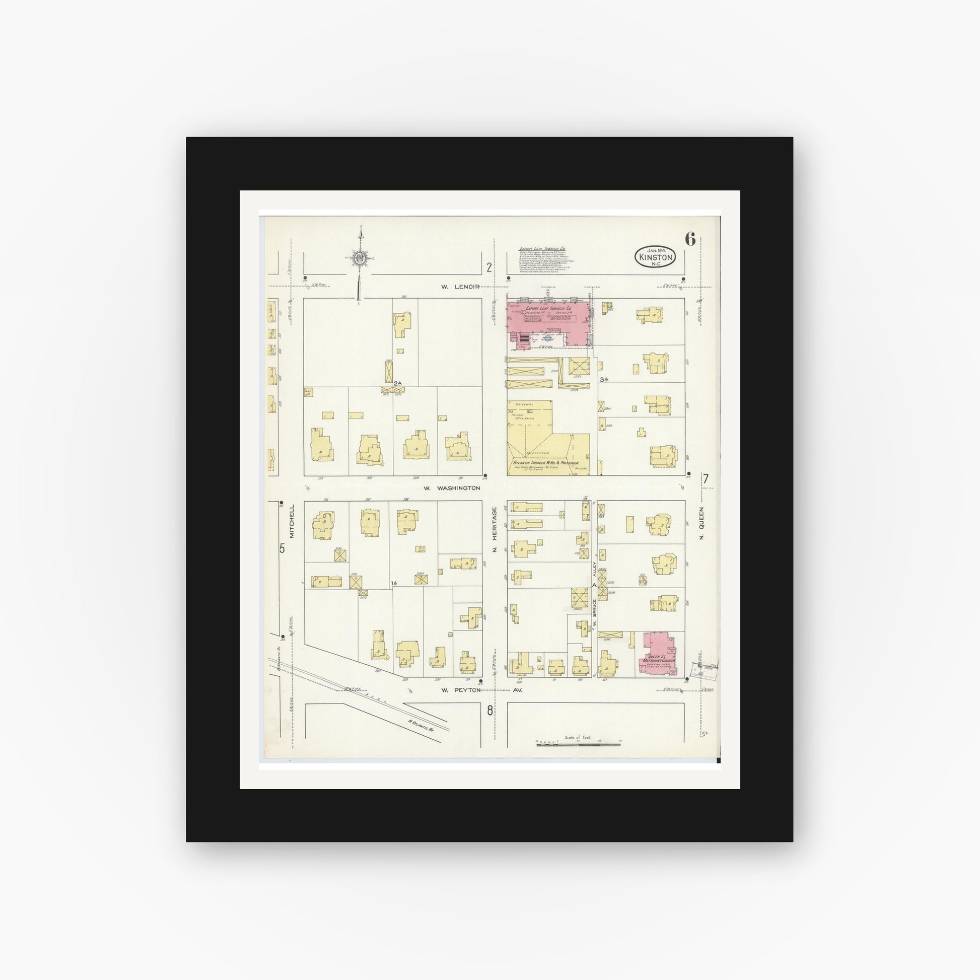 Old map wall art mockup — black gallery frame with white mat — Sanborn Fire Insurance Map from Kinston, Lenoir County, North Carolina (1914), Sheet #0006