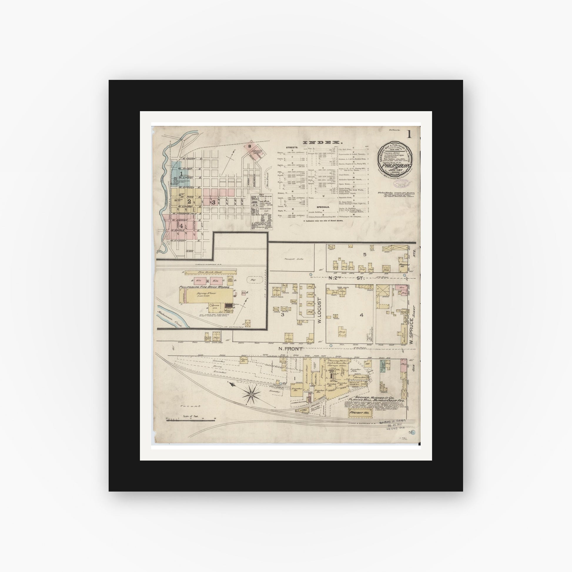 Old map wall art mockup — black gallery frame with white mat — Sanborn Fire Insurance Map from Philipsburg, Centre County, Pennsylvania (1887), Sheet #0001