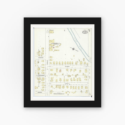 Old map wall art mockup — black gallery frame with white mat — Sanborn Fire Insurance Map from Flint, Genesee County, Michigan (1909), Sheet #0007
