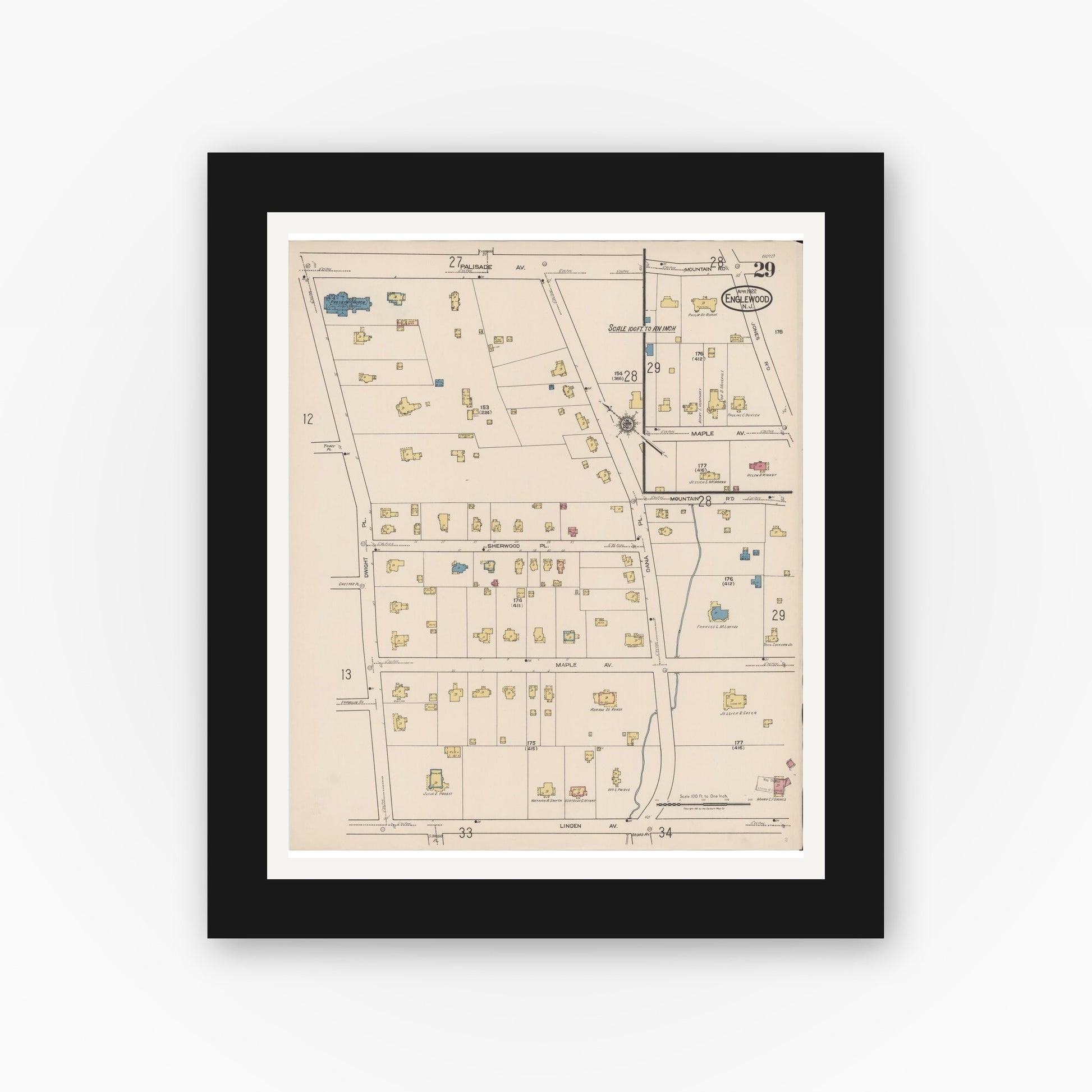 Old map wall art mockup — black gallery frame with white mat — Sanborn Fire Insurance Map from Englewood, Bergen County, New Jersey (1922), Sheet #0029