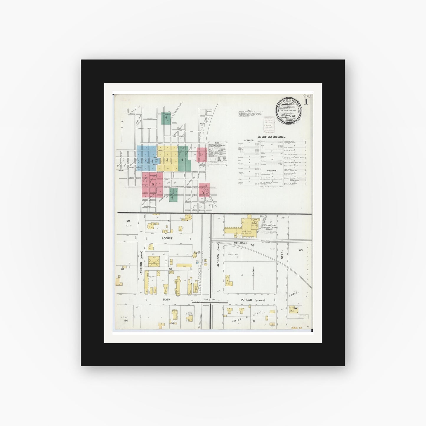 Old map wall art mockup — black gallery frame with white mat — Sanborn Fire Insurance Map from Robinson, Crawford County, Illinois (1899) - Complete Map Set