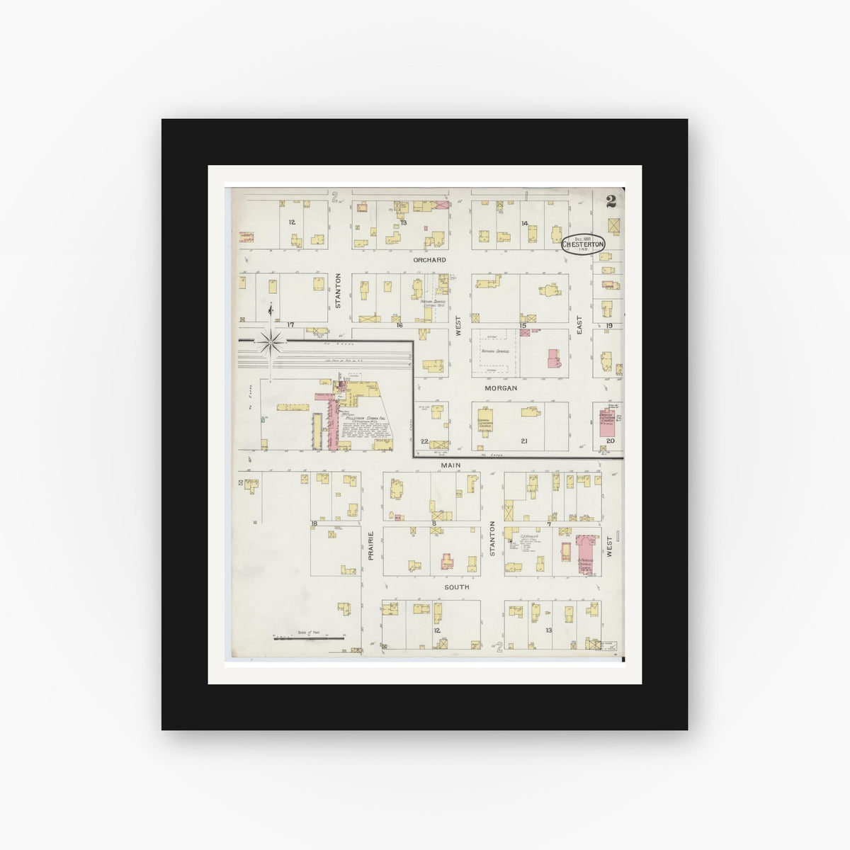 Old map wall art mockup — black gallery frame with white mat — Sanborn Fire Insurance Map from Chesterton, Porter County, Indiana (1893), Sheet #0002