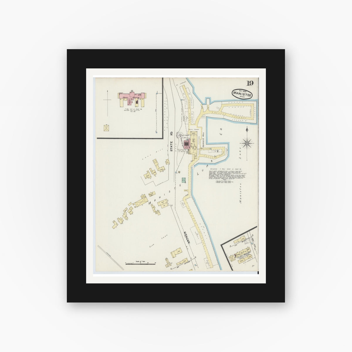 Old map wall art mockup — black gallery frame with white mat — Sanborn Fire Insurance Map from Manistee, Manistee County, Michigan (1890), Sheet #0019