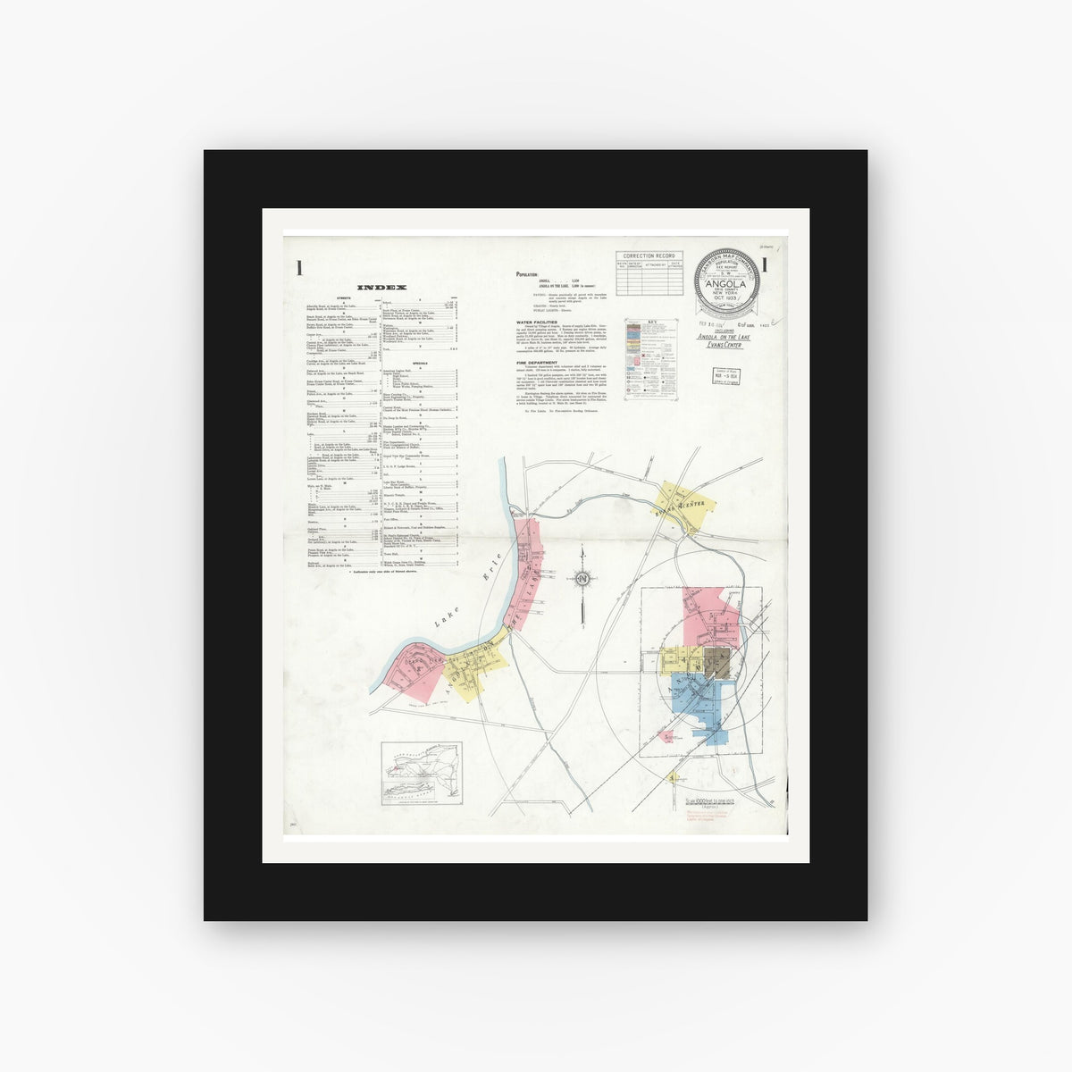 Old map wall art mockup — black gallery frame with white mat — Sanborn Fire Insurance Map from Angola, Erie County, New York (1933), Sheet #0001