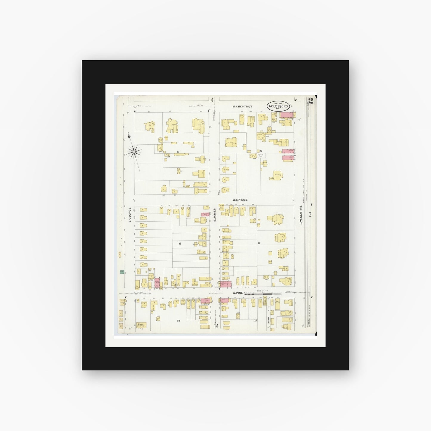 Old map wall art mockup — black gallery frame with white mat — Sanborn Fire Insurance Map from Goldsboro, Wayne County, North Carolina (1908), Sheet #0002