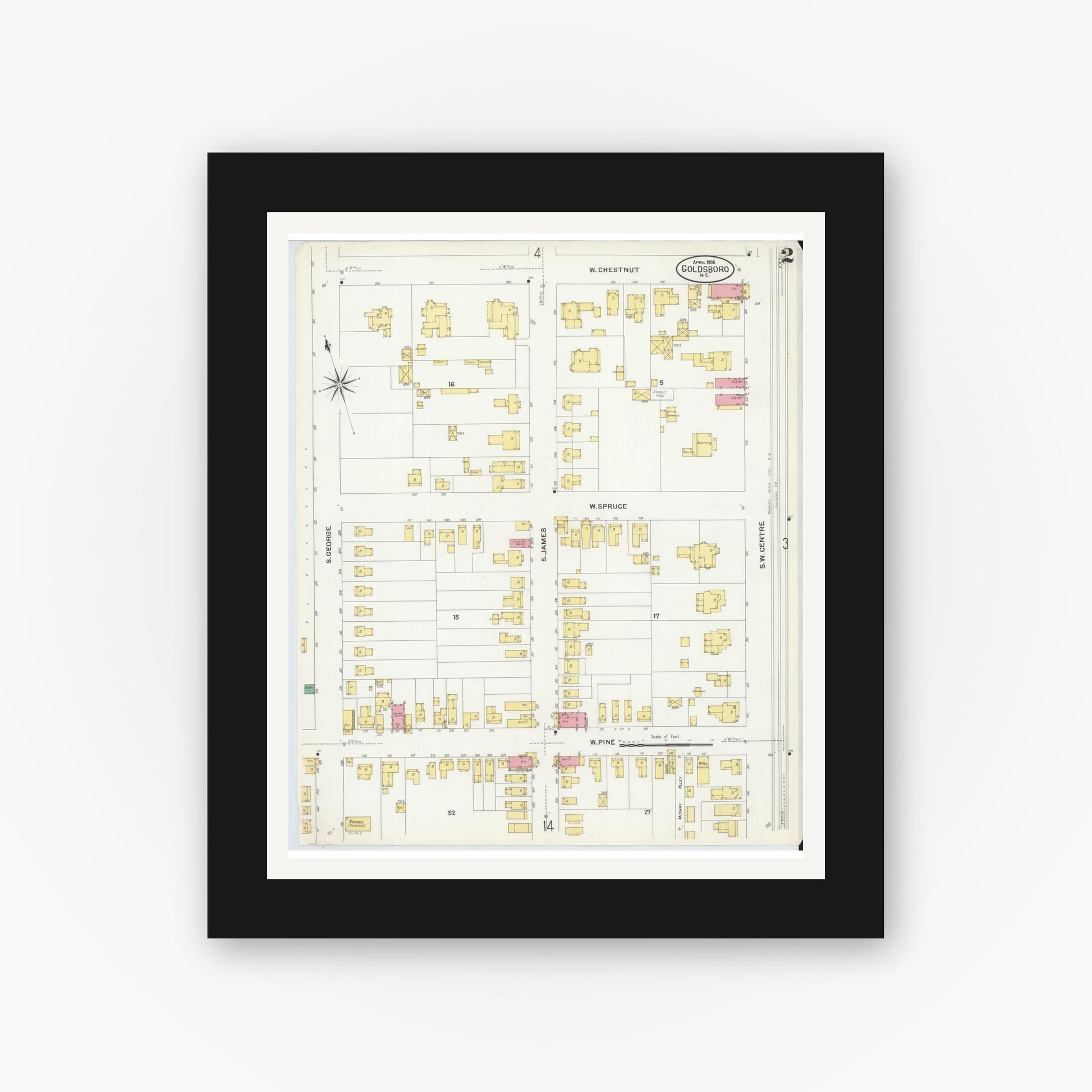 Old map wall art mockup — black gallery frame with white mat — Sanborn Fire Insurance Map from Goldsboro, Wayne County, North Carolina (1908), Sheet #0002